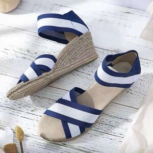 Marie-Valois Blue & White Stripe Espadrille Wedge Size 6